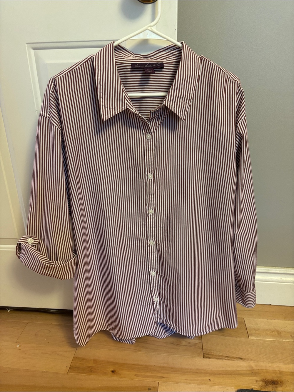 Gloria Vanderbilt Burgundy and White Striped Button-Down Shirt